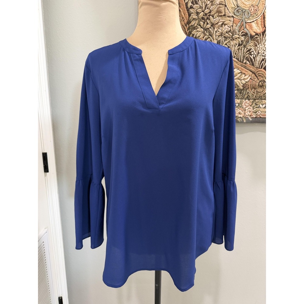 J.Crew Blouse Womens Medium Blue V Neck Bell Sleeve Pullover Top Solid Work